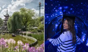 En kvinna ler i en stjärnbeströdd tunnel, en kontrast till den lugna dammen med båtar och ett pagodliknande torn i bakgrunden av the tube copenhagen.