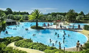 En stor pool med många badande människor, palmer och en vattenrutschkana. Perfekt för camping i Italien.