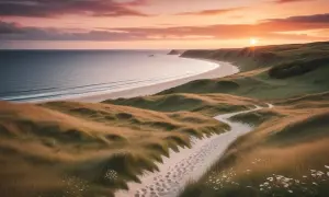 En sandstig slingrar sig genom gräsbevuxna dyner vid havet. Solnedgången färgar himlen i varma toner, perfekt för en vandring i Danmark.
