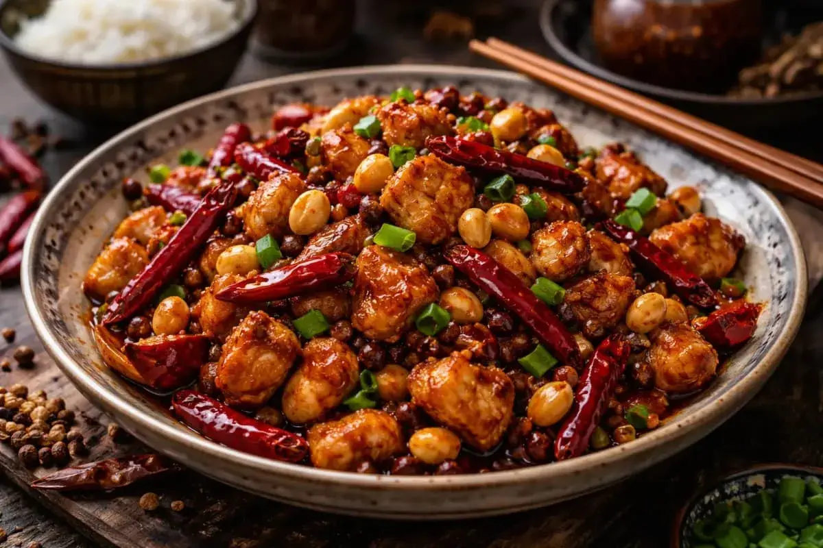 En skål med Kung Pao kyckling, en klassisk kinesisk mat, med jordnötter, torkade chilifrukter och salladslök.