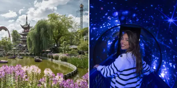 En kvinna ler i en stjärnbeströdd tunnel, en kontrast till den lugna dammen med båtar och ett pagodliknande torn i bakgrunden av the tube copenhagen.
