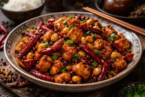 En skål med Kung Pao kyckling, en klassisk kinesisk mat, med jordnötter, torkade chilifrukter och salladslök.