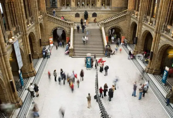 Besökare rör sig genom ett stort, arkitektoniskt imponerande museum i London.