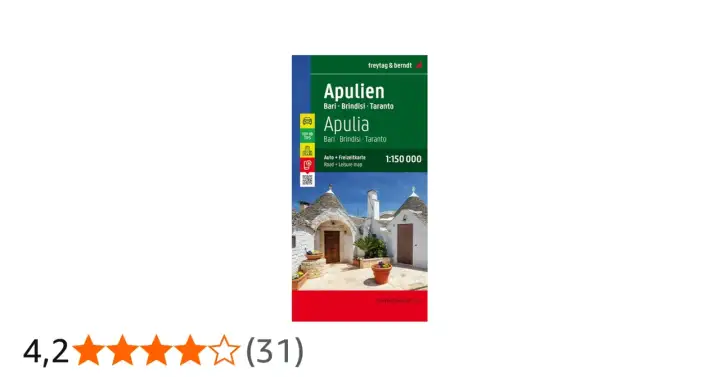 Karta över Apulien, Italien, med fokus på Bari, Brindisi och Taranto. Bilden visar typiska trulli-hus.
